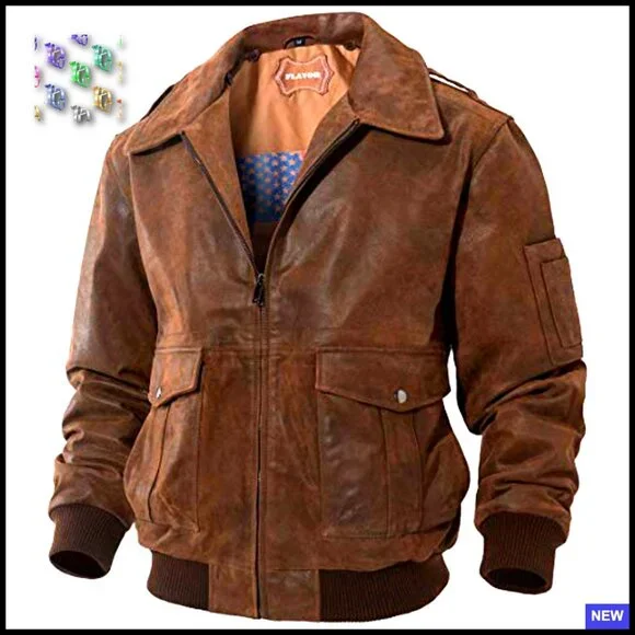 Vintage Leather Bomber Jacket Aviator Style Removable Fur Collar Loose Fit